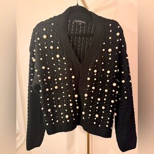 Boston Proper Black Embellished Cardigan Faux Pearl Beaded Sweater Size M